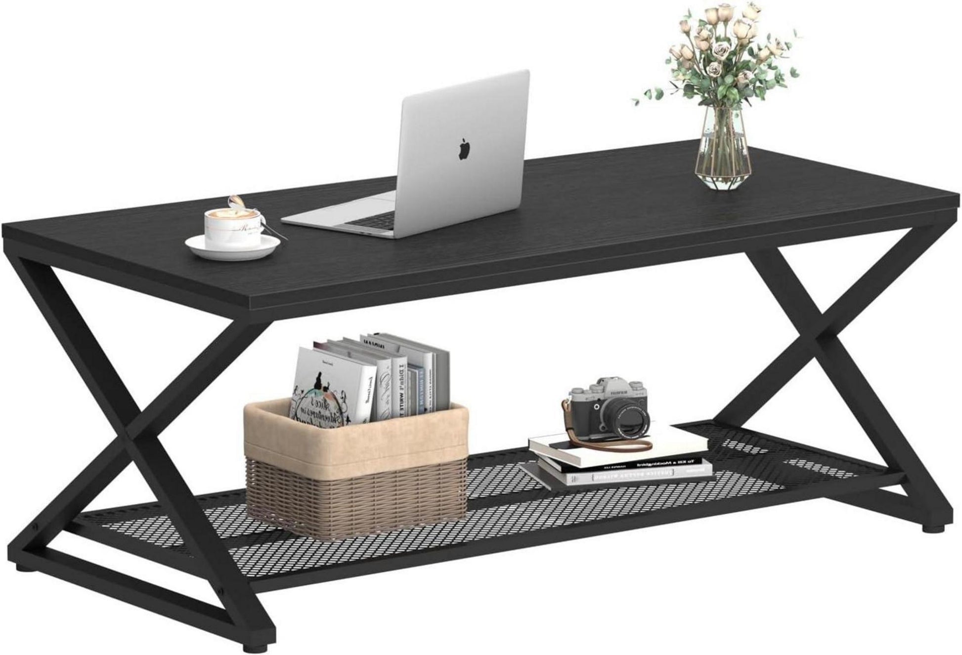 Couchtisch mit Stauraum Schwarz Holz Metall 100x60x45 cm