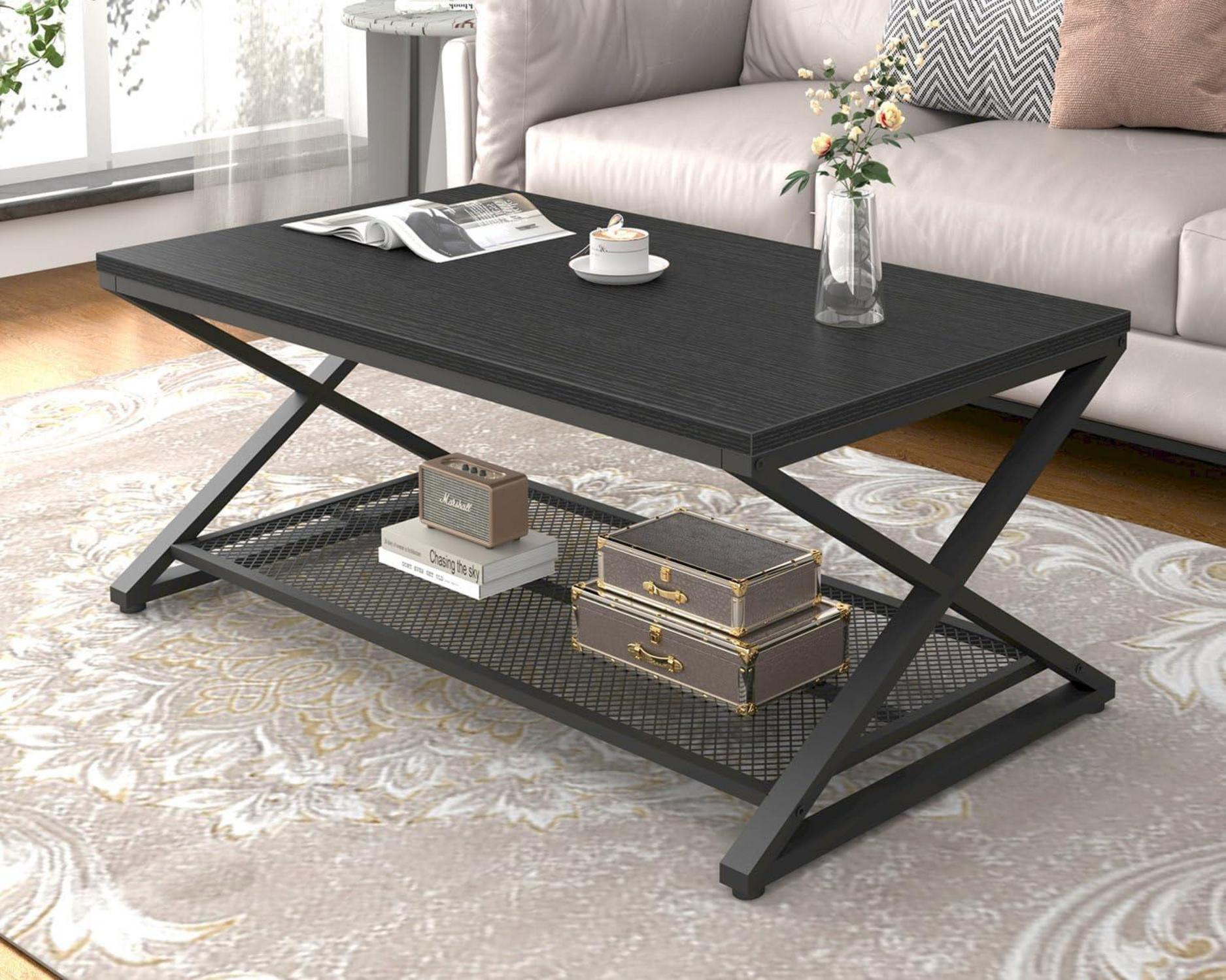 LVB Couchtisch Schwarz mit Stauraum Holz Metall 100x60x45cm