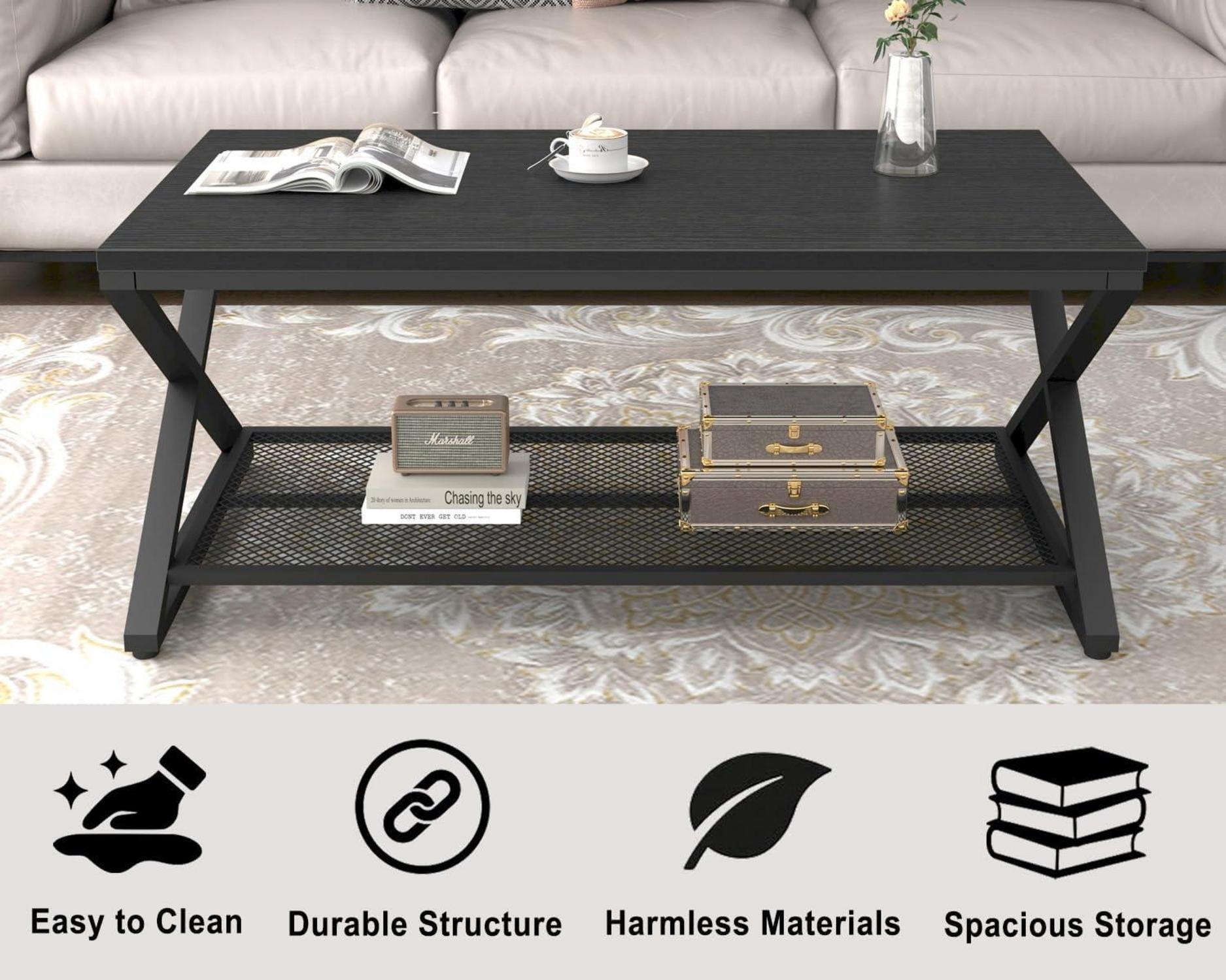 LVB Schwarzer Couchtisch mit Stauraum Holz Metall 100x60x45 cm