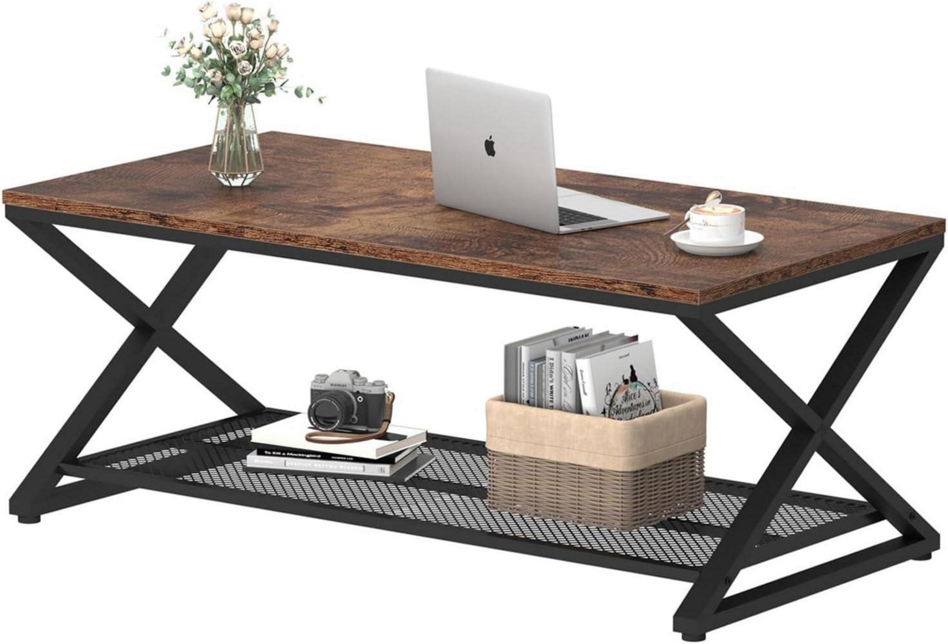 Couchtisch Rechteckig mit Stauraum Holz Metall Vintage Retro 100 x 60 x 45 cm