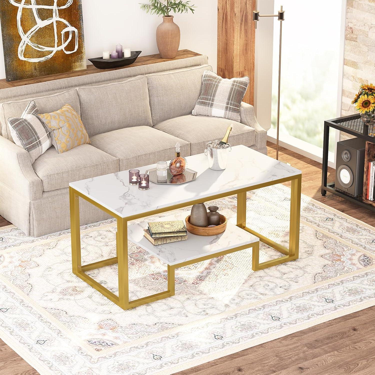 Couchtisch 100x48x50cm 2 Etagen, weißer Marmor, modernes Design