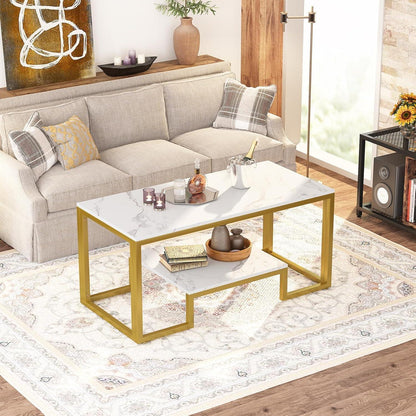 Couchtisch 100x48x50cm 2 Etagen, weißer Marmor, modernes Design