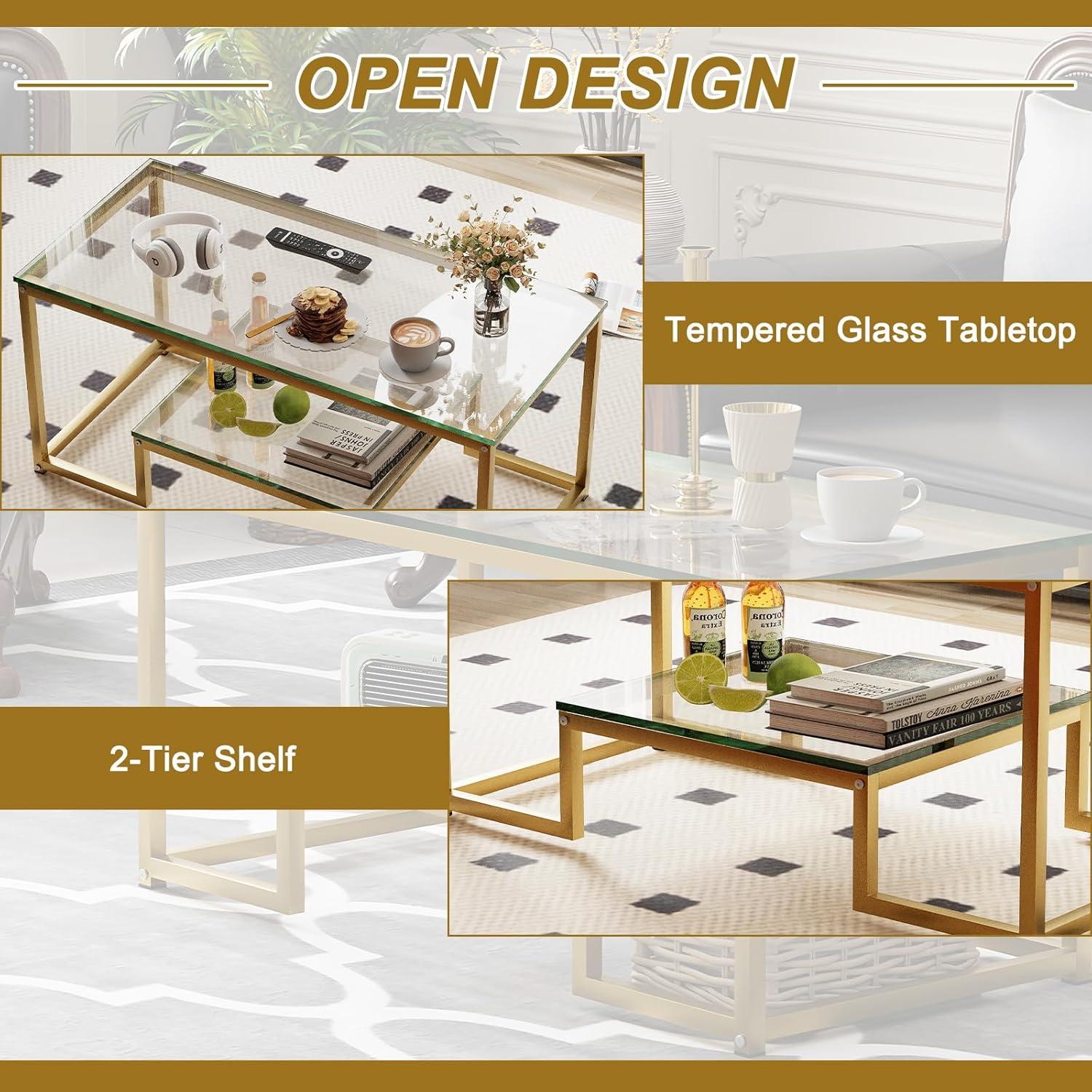 Moderner Couchtisch 2 Etagen Teetisch 100x47x45cm Glas Gold Metall