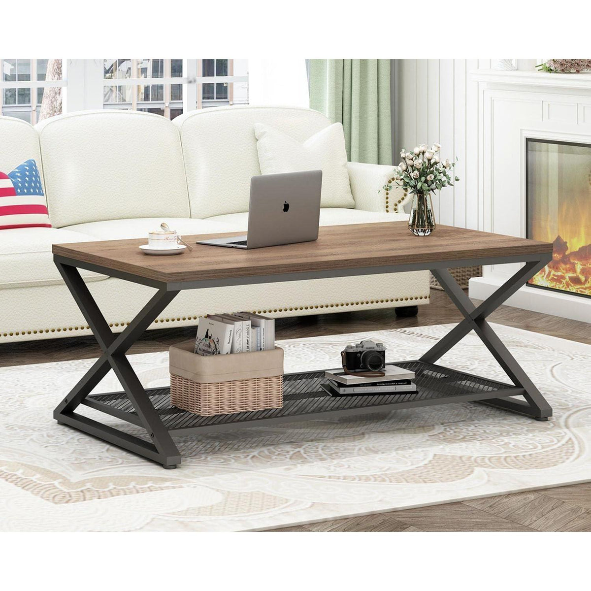 Couchtisch Holz mit Stauraum, Rechteckig 100x60 cm, Heller Eiche
