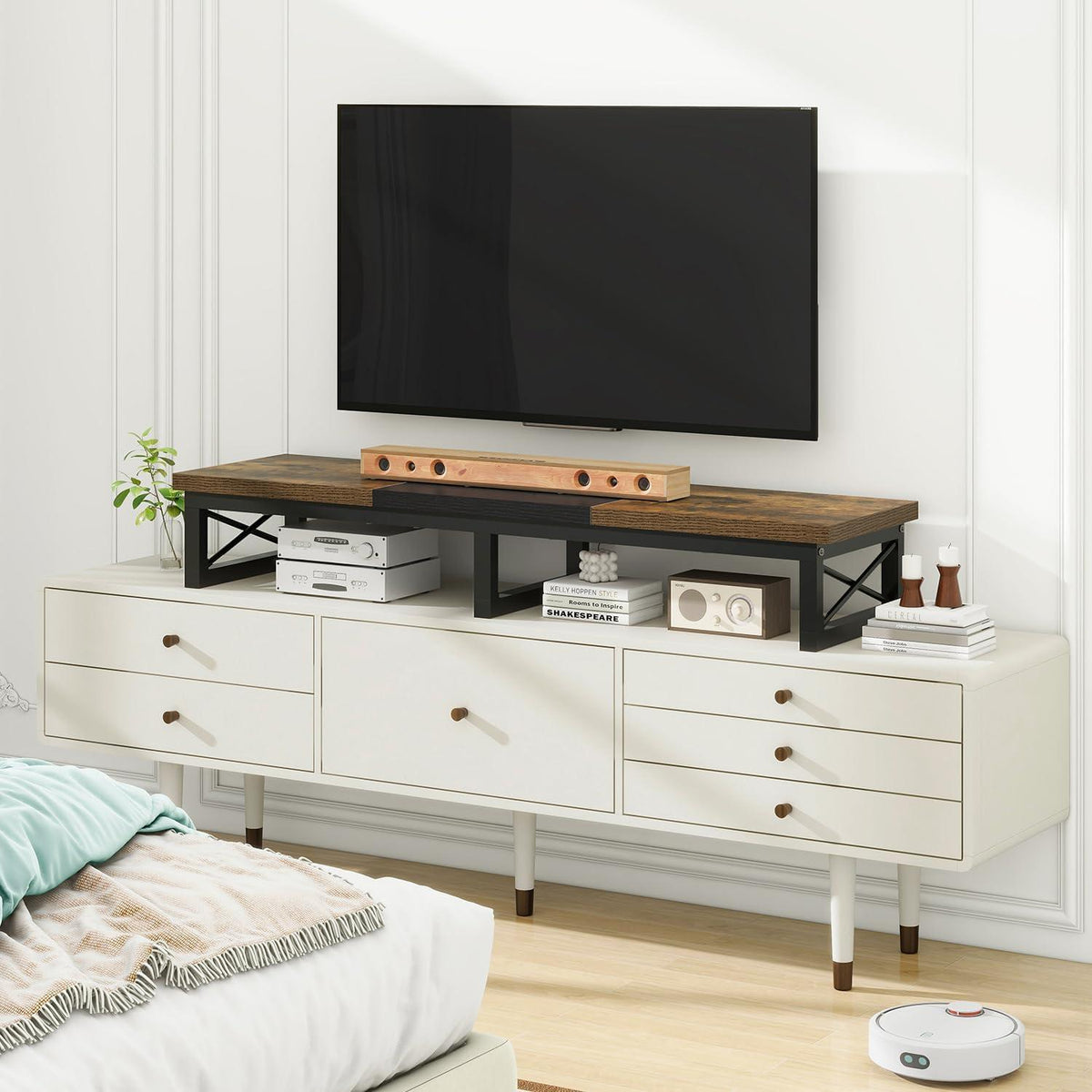 IBUYKE TV-Schrank Tisch 114cm Dual Screen TV-Ständer bis 60 Zoll Braun