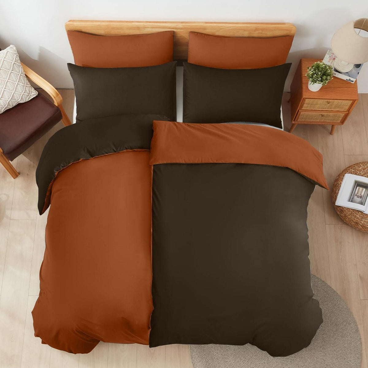 4tlg. Baumwoll Bettwäsche Set Braun/Orange 135x200 cm