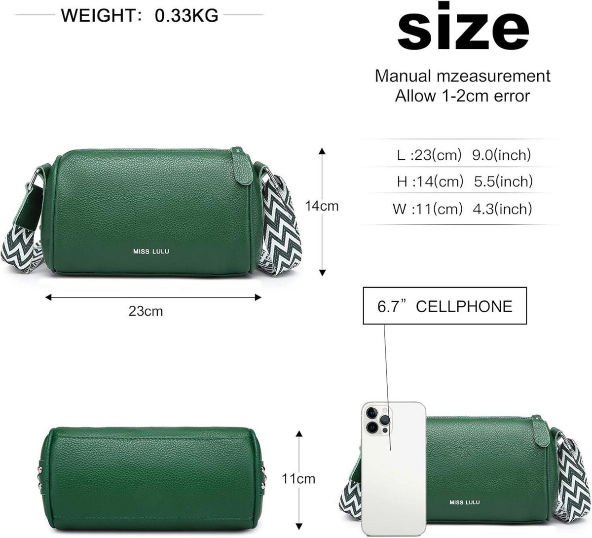 Umhängetasche Echtes Leder Damen Crossbody Bag Organizer Schwarz
