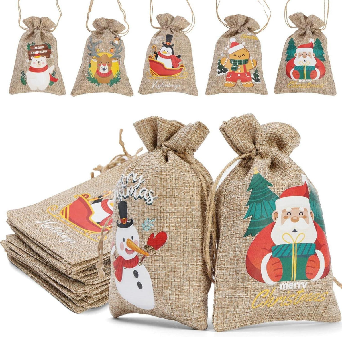12er Pack Weihnachts-Jute-Geschenktüten Zugbänder kleine