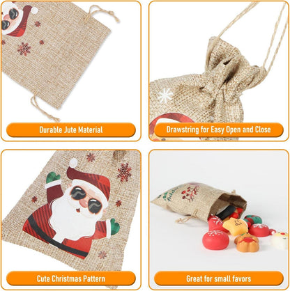12 Weihnachts-Burlap-Jute-Geschenktüten mit Zugbändern, klein, Partygeschenke (Glitter
