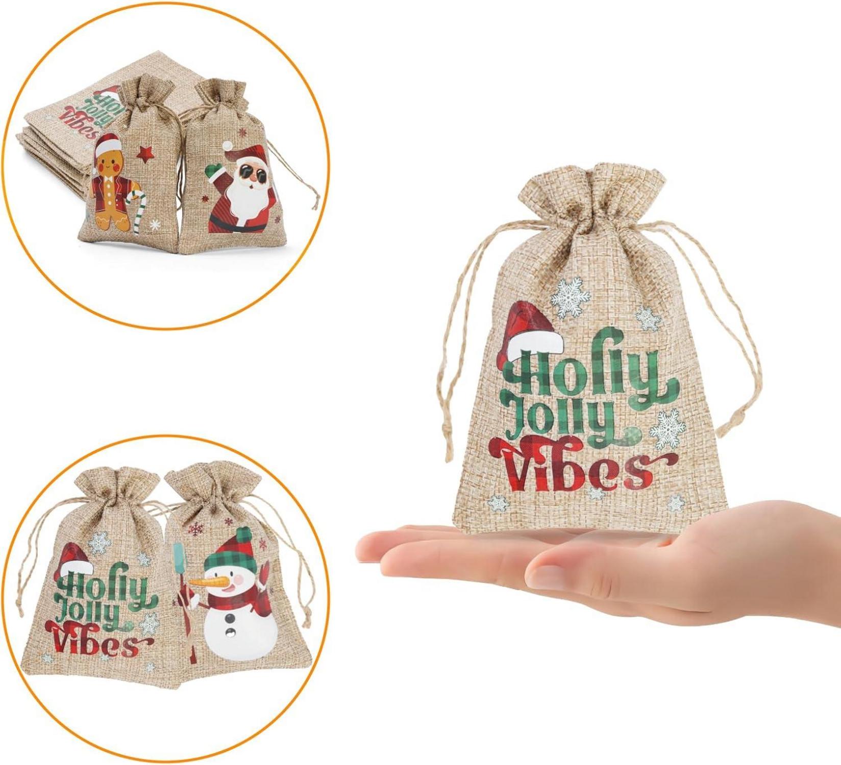 12x Weihnachts-Jute Geschenktüten Zugbänder Weihnachtsmotiven 24 Stück Glitter