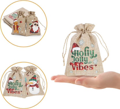 12x Weihnachts-Jute Geschenktüten Zugbänder Weihnachtsmotiven 24 Stück Glitter