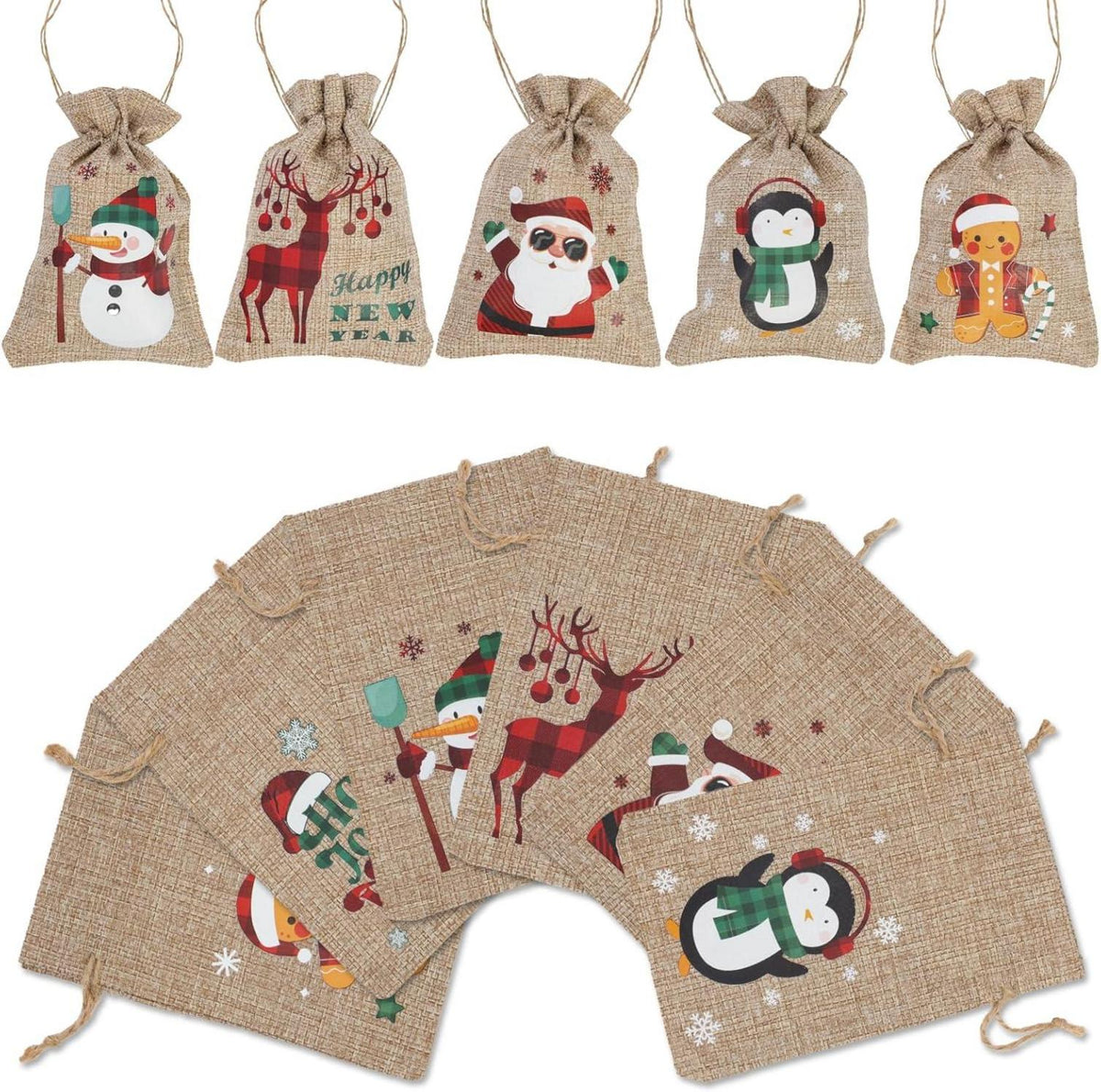 Weihnachts-Jutebeutel Set, 12 Stück Weihnachtsmotiven