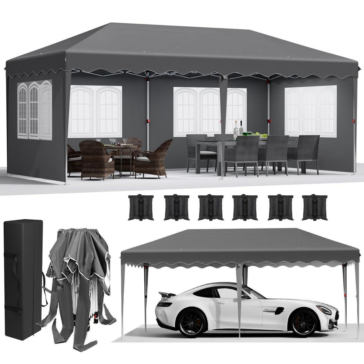 3x6 Faltpavillon wasserdicht mit Seitenteilen & Sandsäcken