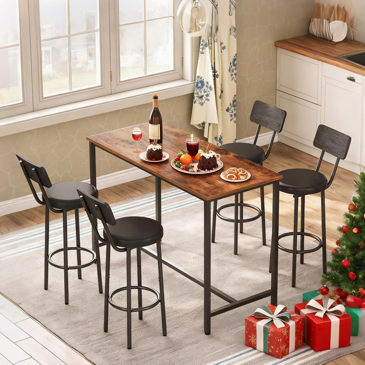 Barhocker Set 2er-Pack mit Rückenlehne & Fußstütze Schwarz