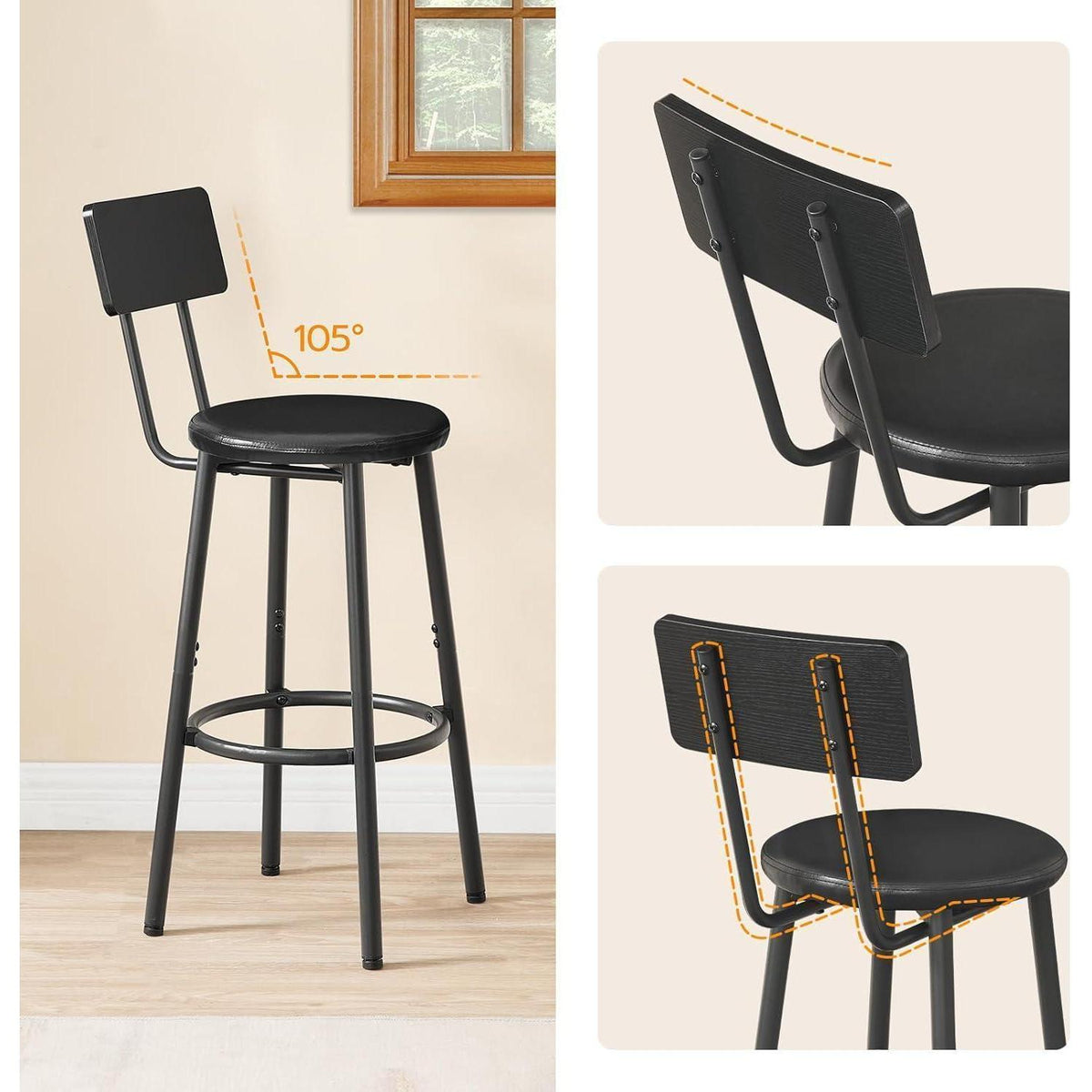 Barhocker Set 2er-Pack mit Rückenlehne & Fußstütze Schwarz