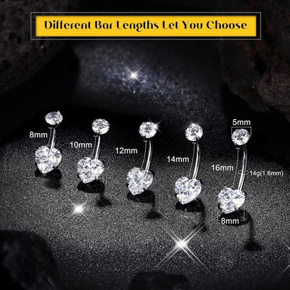 Bauchnabelpiercing G23 Titan Herz CZ Silber 14G 8-16mm