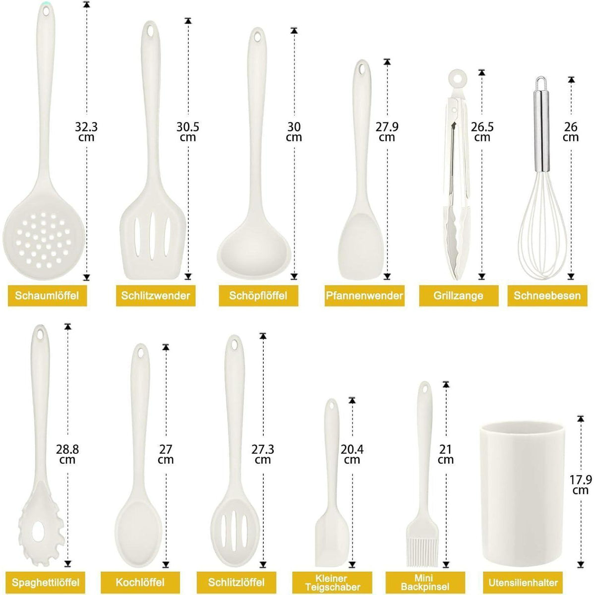 Silikon Küchenhelfer Set 12-teilig mit Halter – Weiß