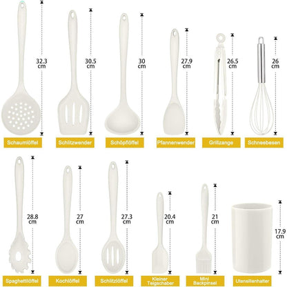Silikon Küchenhelfer Set 12-teilig mit Halter – Weiß