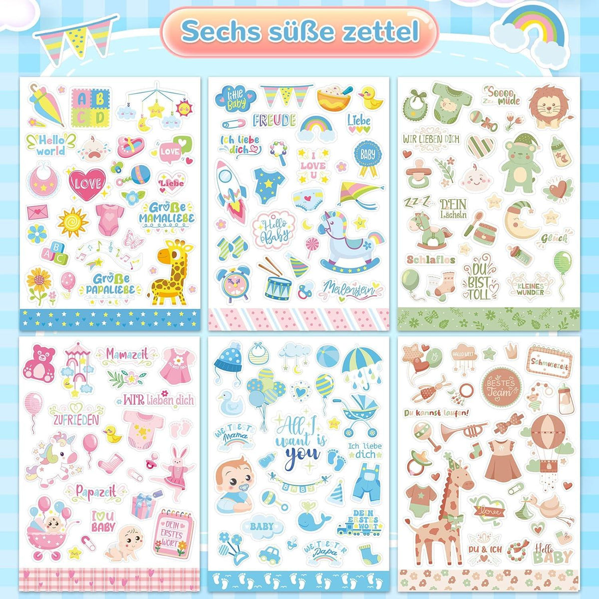 HOWAF 6 Bögen Sticker Babyalbum Babyparty Aufkleber Mädchen