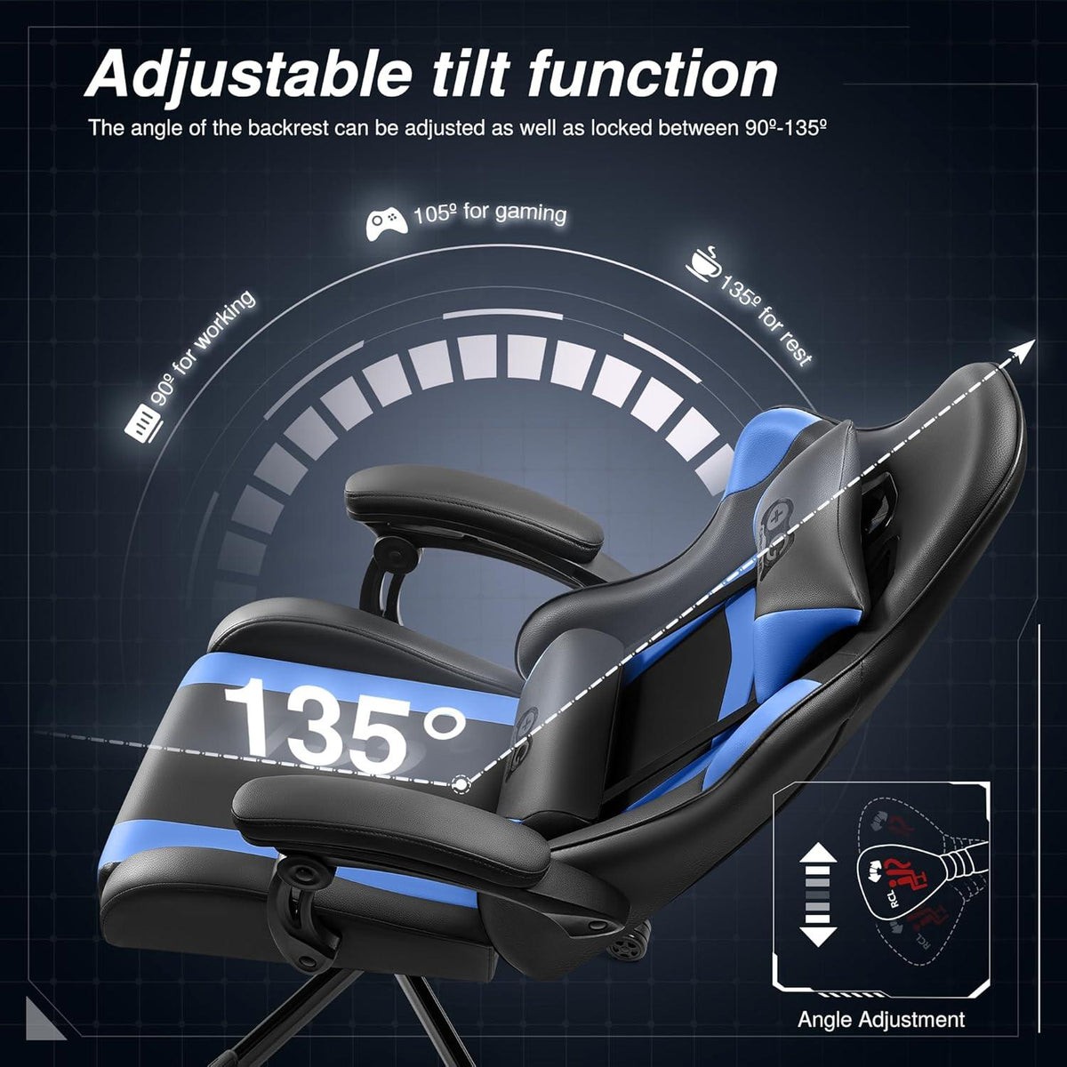 Ergonomischer Gaming Stuhl Schwarzblau mit verstellbarer Rückenlehne
