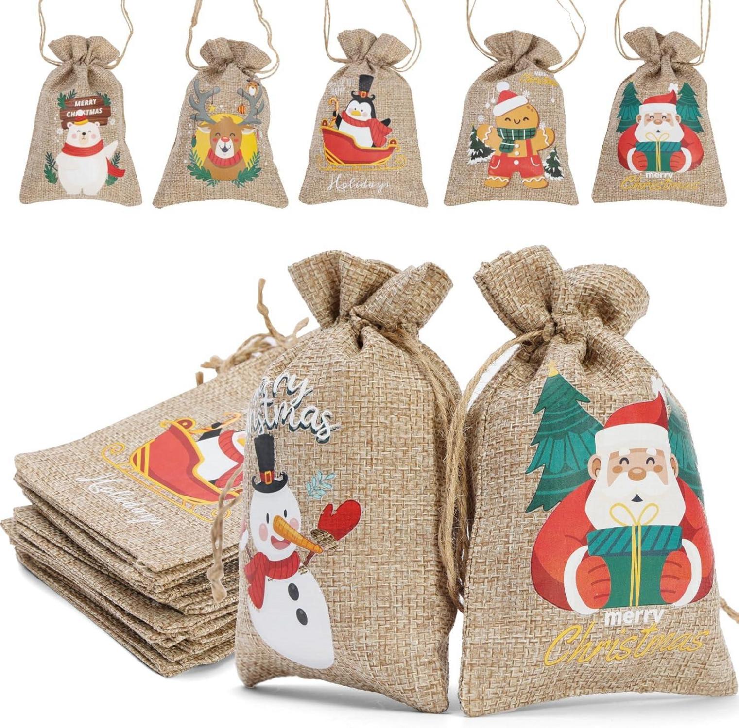 24 Stück Weihnachts-Jute-Geschenktüten mit Zugbändern für