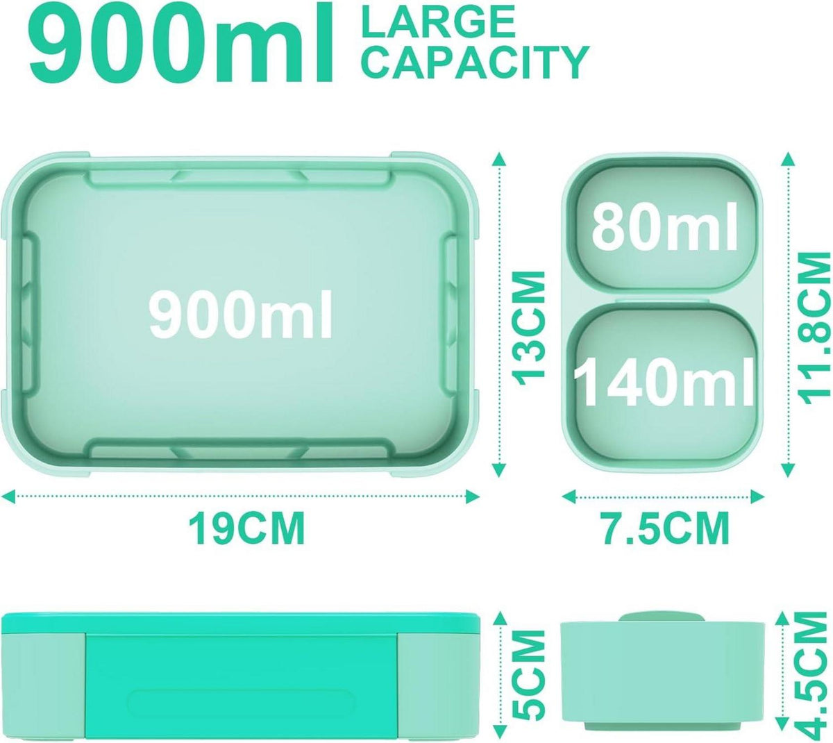 Brotdose Kinder mit Fächern 900ml Auslaufsicher Bento-Box Lunchbox