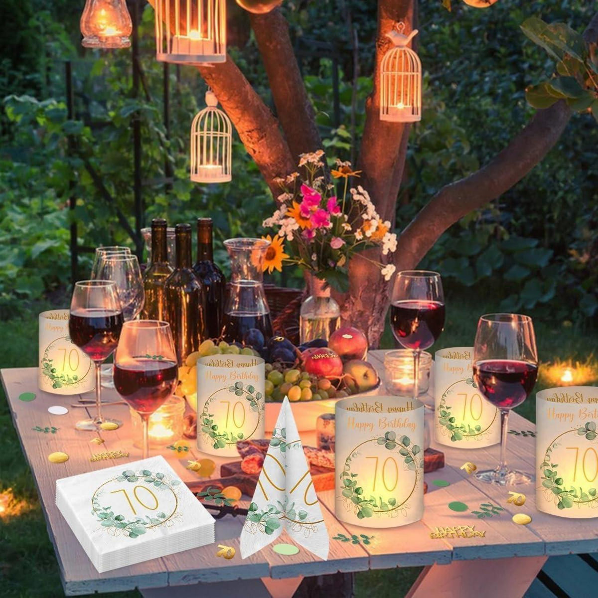 70. Geburtstag Deko Set Grün Eukalyptus Servietten Windlichter Konfetti