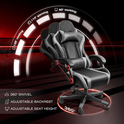 Ergonomischer Gaming Stuhl mit höhenverstellbarer Rückenlehne und Lendenkissen, 150 kg, Grau