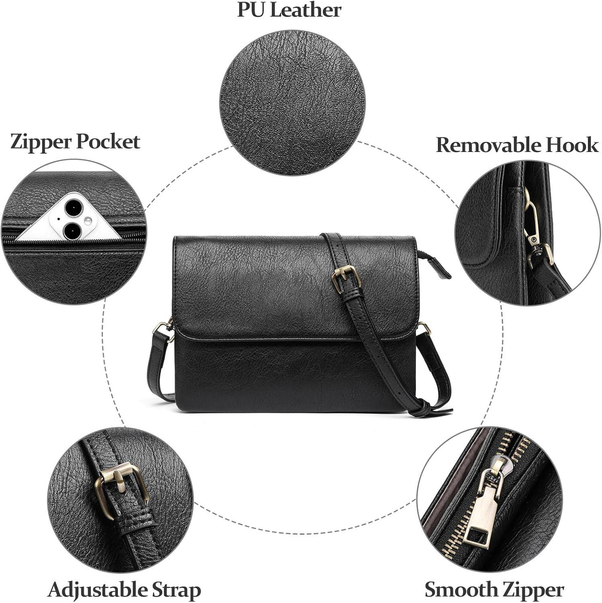 Damen Umhängetasche Schwarz Crossbody Schultertasche ranuras