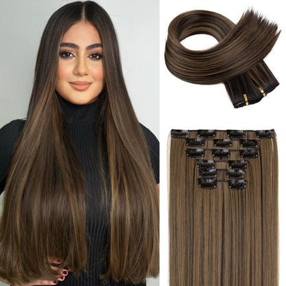 Clip-in Haarverlängerung Schwarzbraun mit Highlights, 61 cm
