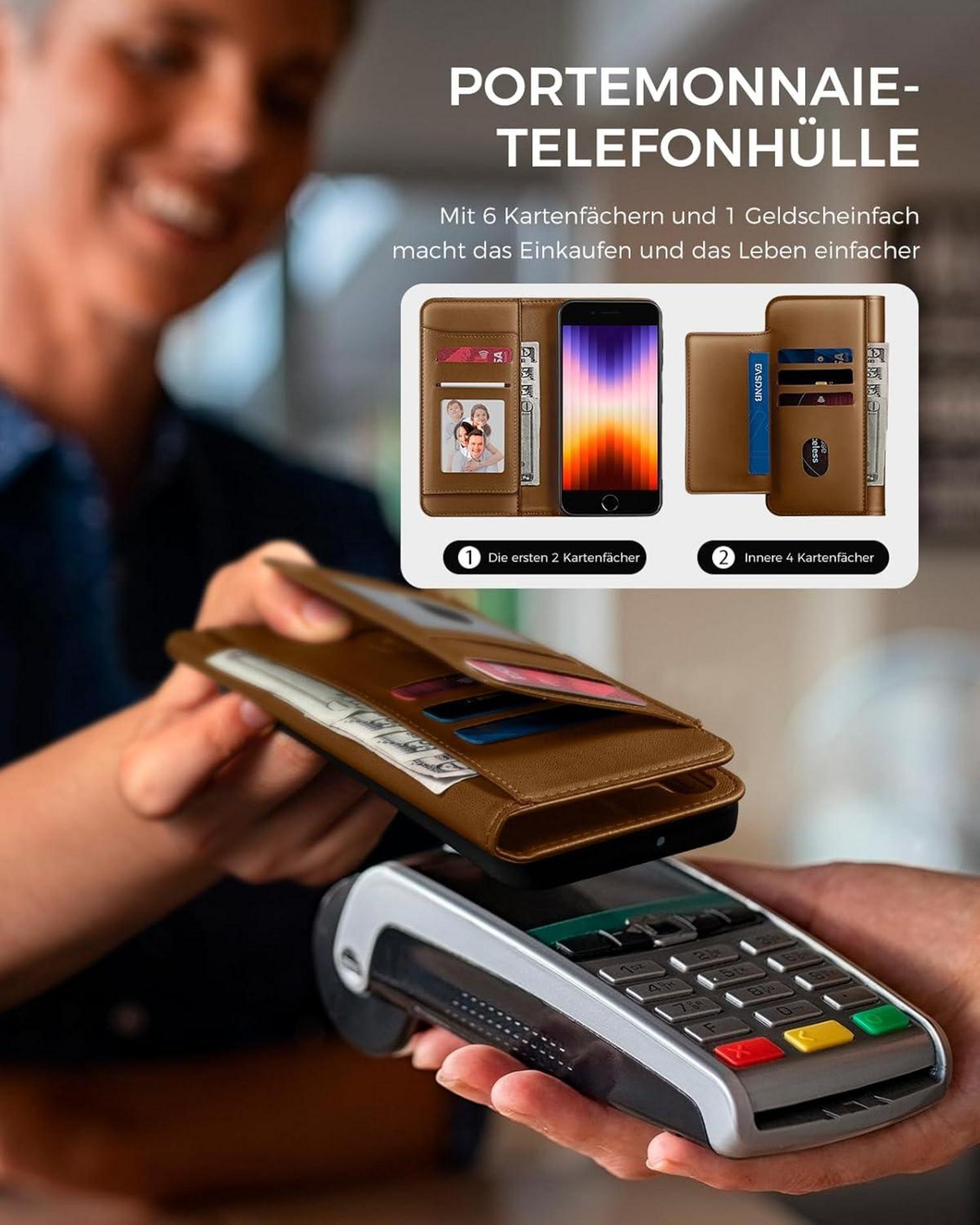Handyhülle für iPhone SE 2022/SE 2020 - Braun, RFID, Kartenfächer