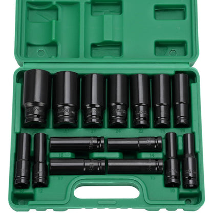 15tlg Schlagschrauber Nüsse Set 1/2" 8-32mm Tief, Sechskant Kraft-Steckschlüssel