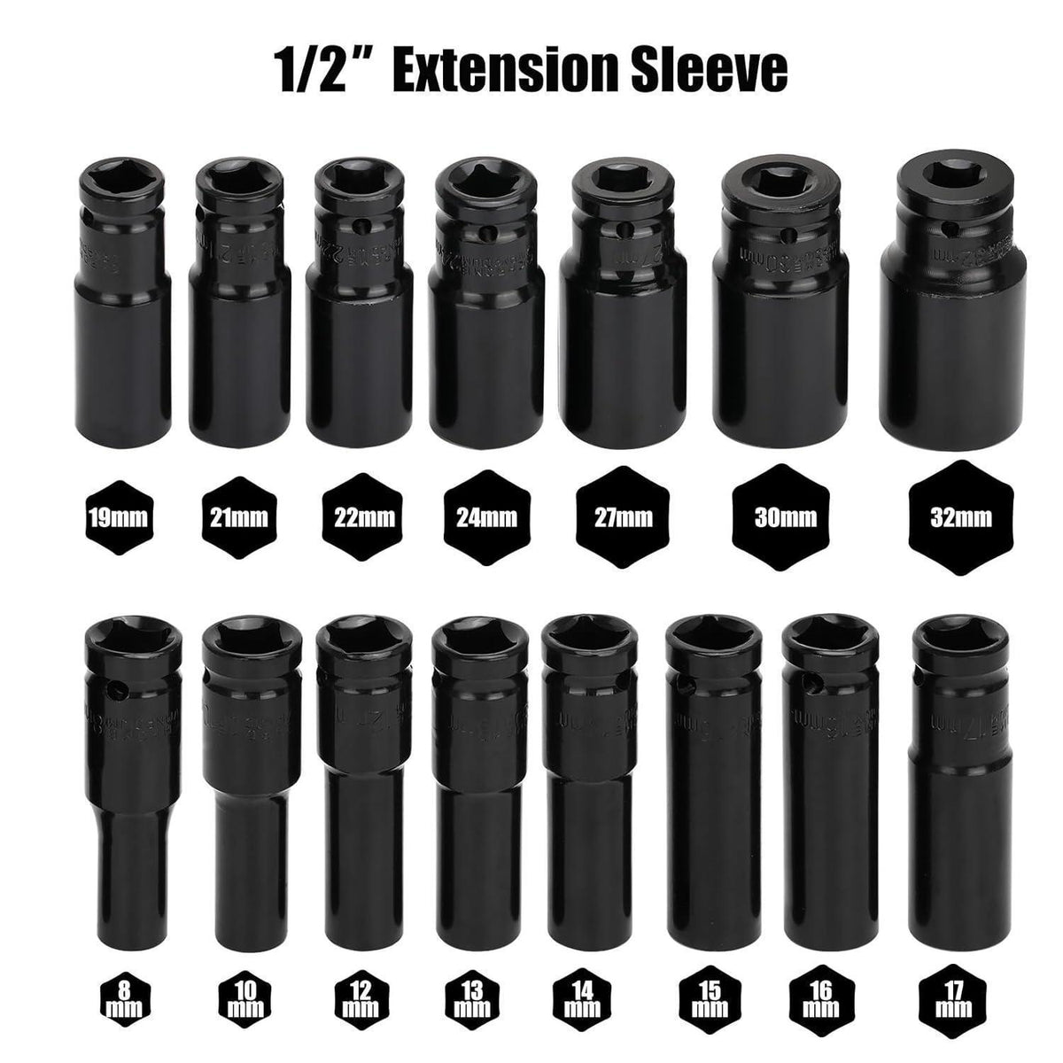 15tlg Schlagschrauber Nüsse Set 1/2" 8-32mm Tief, Sechskant Kraft-Steckschlüssel