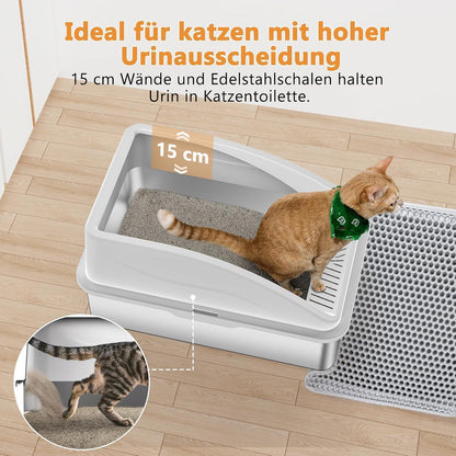 XXL Katzentoilette Edelstahl mit Matte und Schaufel Beige