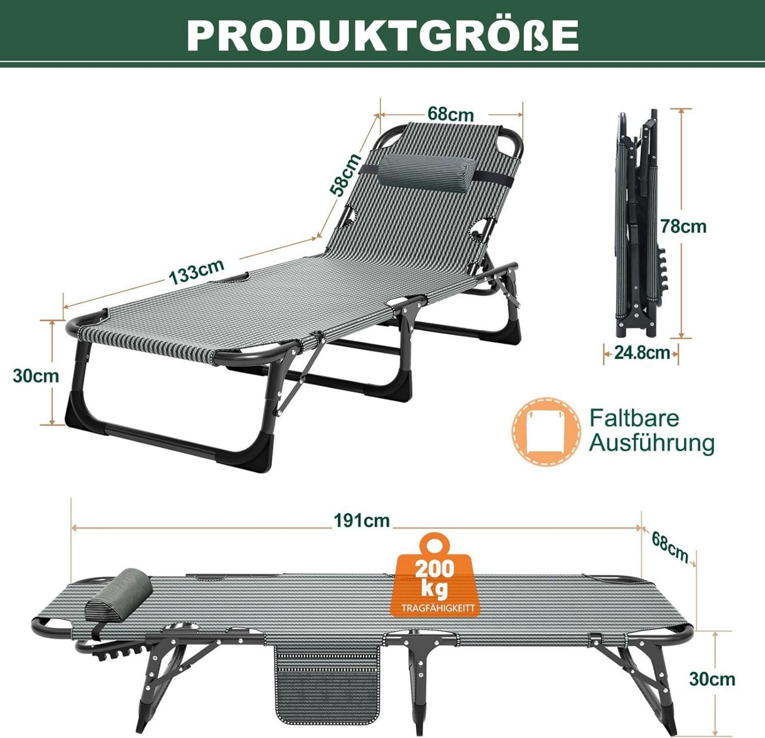 Klappbare Sonnenliege mit Matratze 200kg Loading Gartenliege