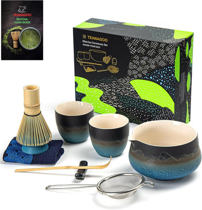 Matcha Tee Set 9 Stück Bambus & Keramik Schalen Tassen Schneebesen