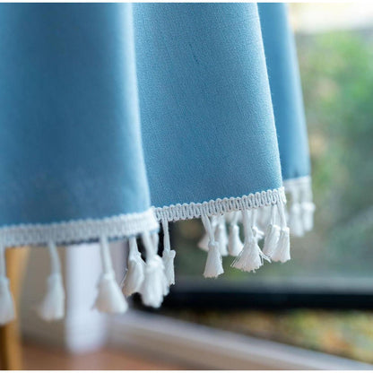 Runde Baumwoll-Leinen Tischdecke mit Fransen, Himmelblau 220 cm