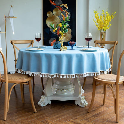 Runde Baumwoll-Leinen Tischdecke mit Fransen, Himmelblau 280 cm