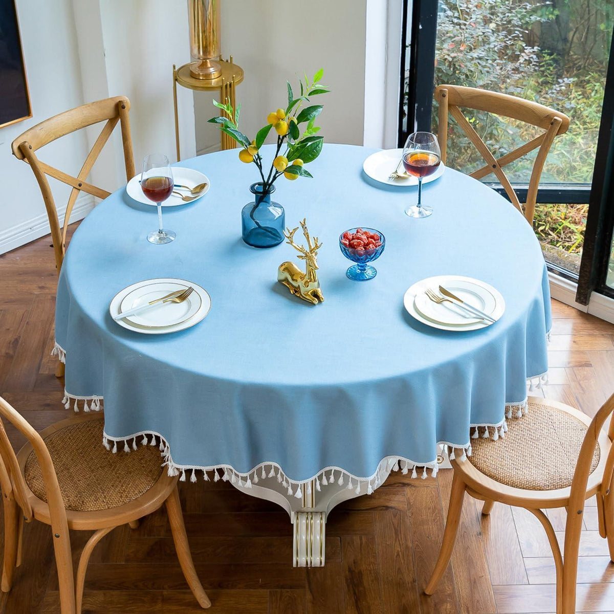 Runde Baumwoll-Leinen Tischdecke mit Fransen, Himmelblau 280 cm