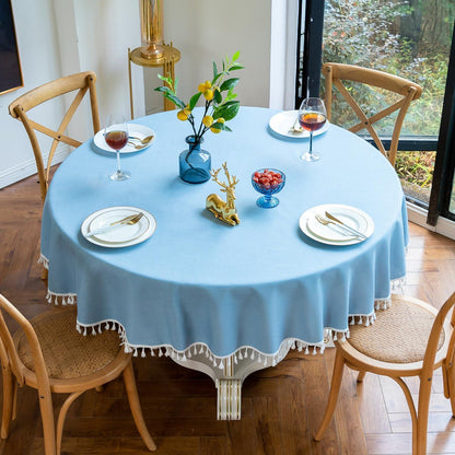 Runde Baumwoll-Leinen Tischdecke mit Fransen, Himmelblau 280 cm