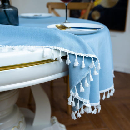 Runde Baumwoll-Leinen Tischdecke mit Fransen, Himmelblau 280 cm