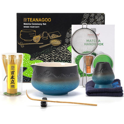 Matcha Tee Set 7-teilig mit Schale und Besen, Farbverlauf Marineblau