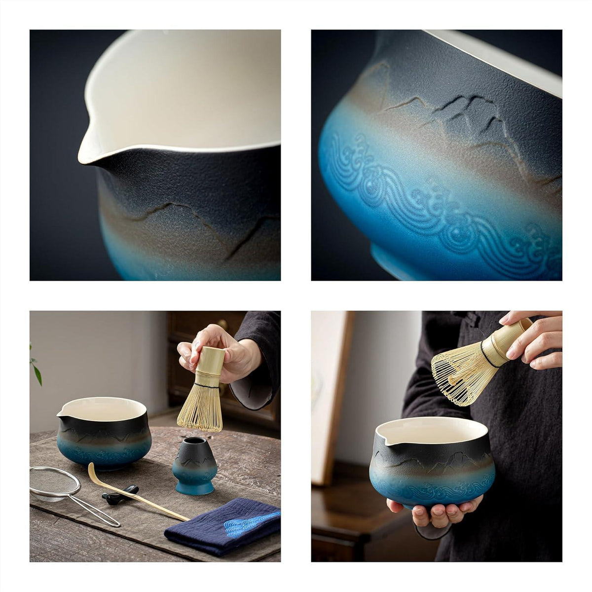 Matcha Tee Set 7-teilig mit Schale und Besen, Farbverlauf Marineblau