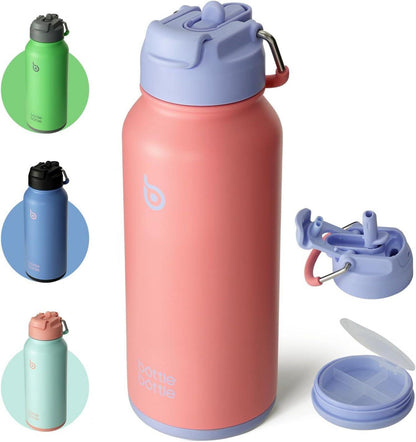 Edelstahl Trinkflasche 1L Strohhalm Thermoskanne Sport Isolierflasche