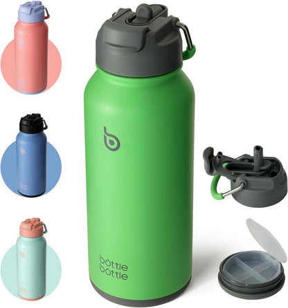 Edelstahl Trinkflasche 1L mit Strohhalm Thermoskanne Isolierflasche
