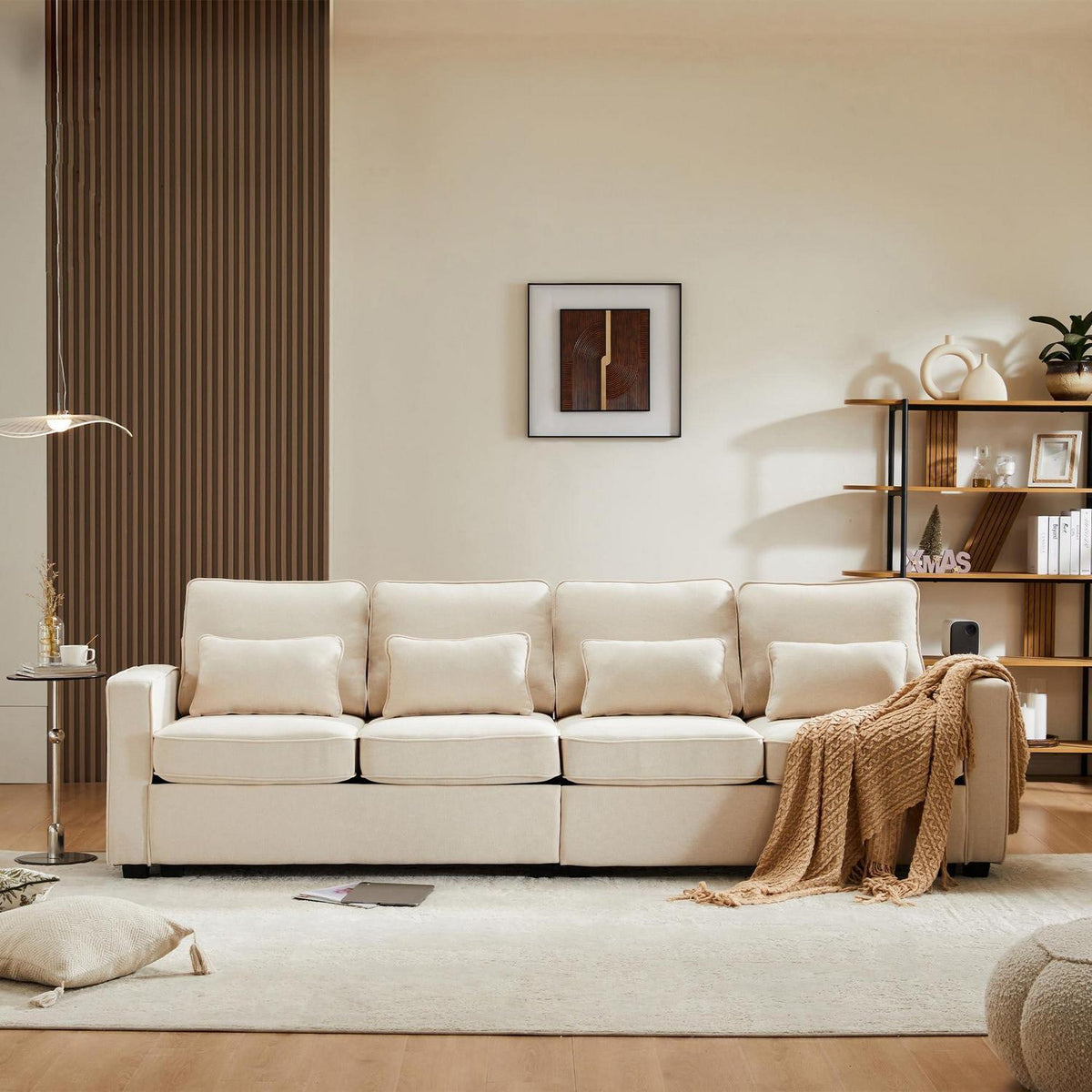 4-Sitzer Leinenstoff Sofa mit Stauraum & Kissen – Beige