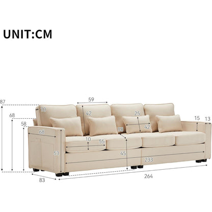4-Sitzer Leinenstoff Sofa mit Stauraum & Kissen – Beige