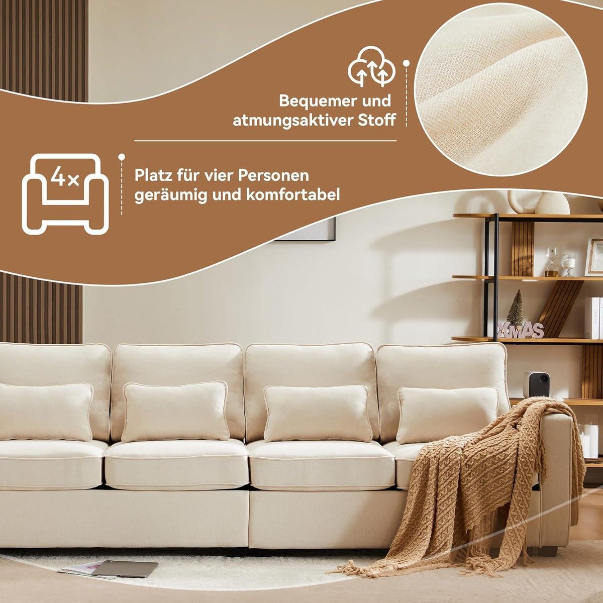 4-Sitzer Leinenstoff Sofa mit Stauraum & Kissen – Beige
