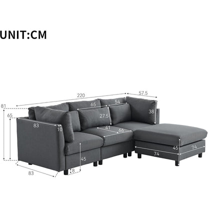 Modernes Dreisitzer-Sofa mit Fußhocker & Lendenkissen (Grau)