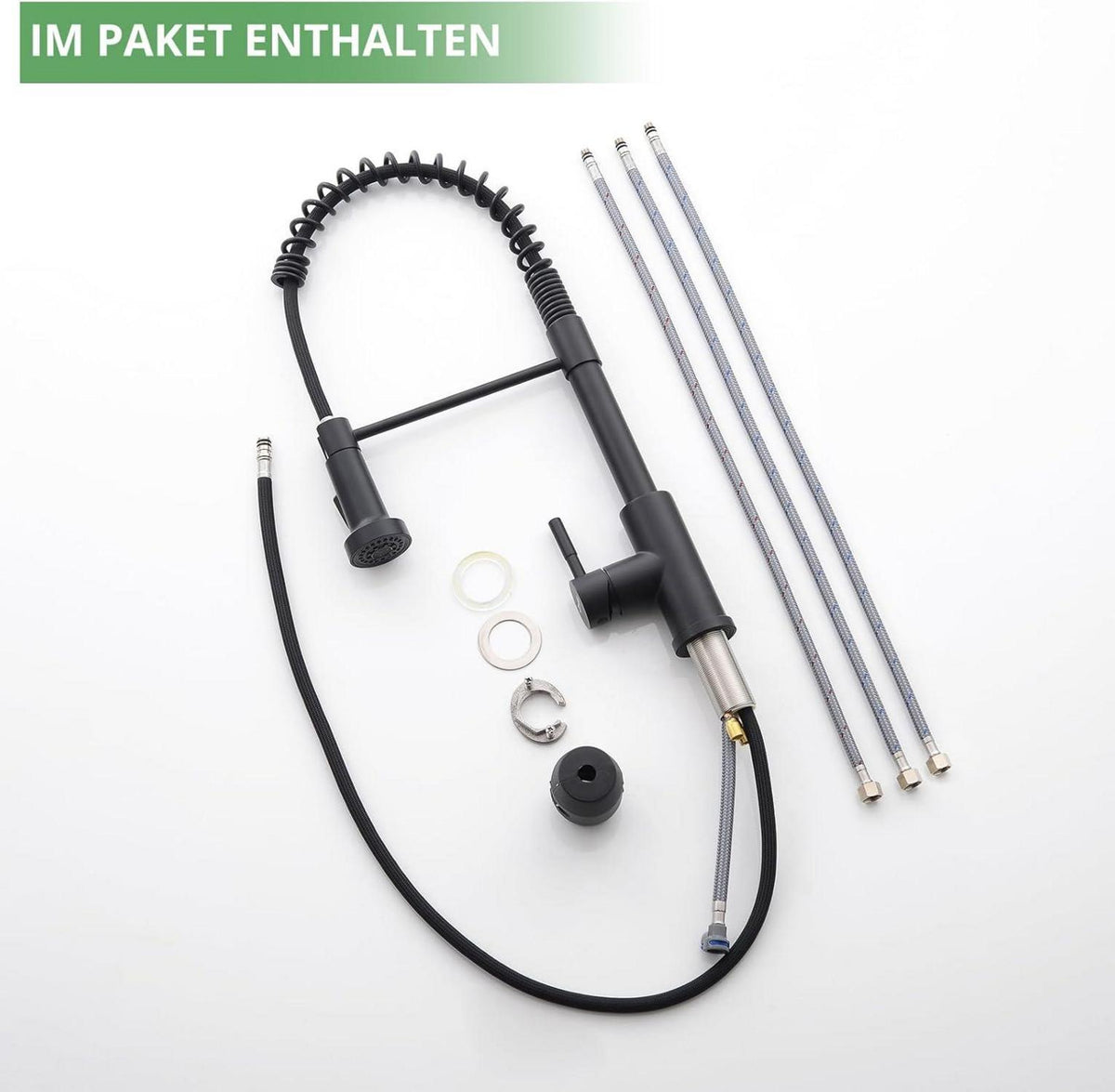 Schwarze Niederdruck Küchenarmatur mit ausziehbarer Brause